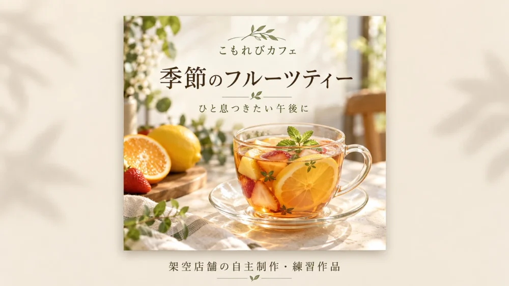 架空のこもれびカフェの季節のフルーツティーを紹介する自主制作の練習サンプル