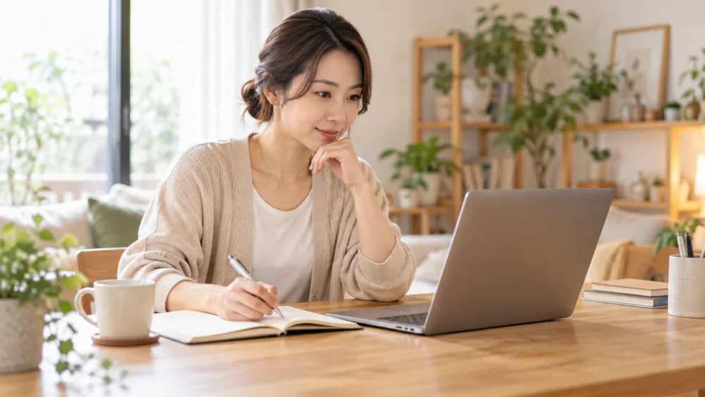 自宅の机でノートとパソコンを使って副業の準備をする女性