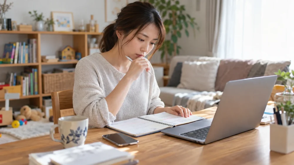 自宅で予定帳を見ながら仕事に使える時間を整理する女性