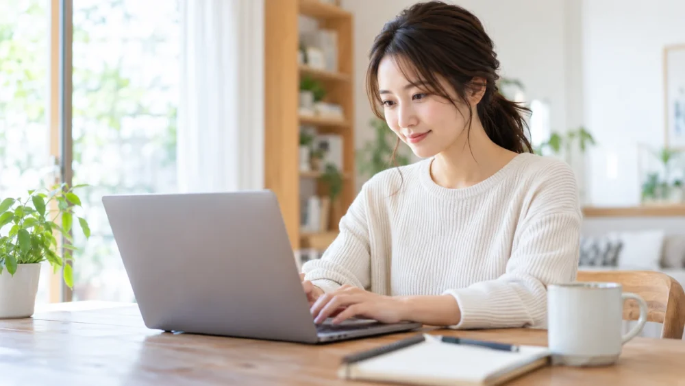 自宅の机でノートPCを使って作業する女性